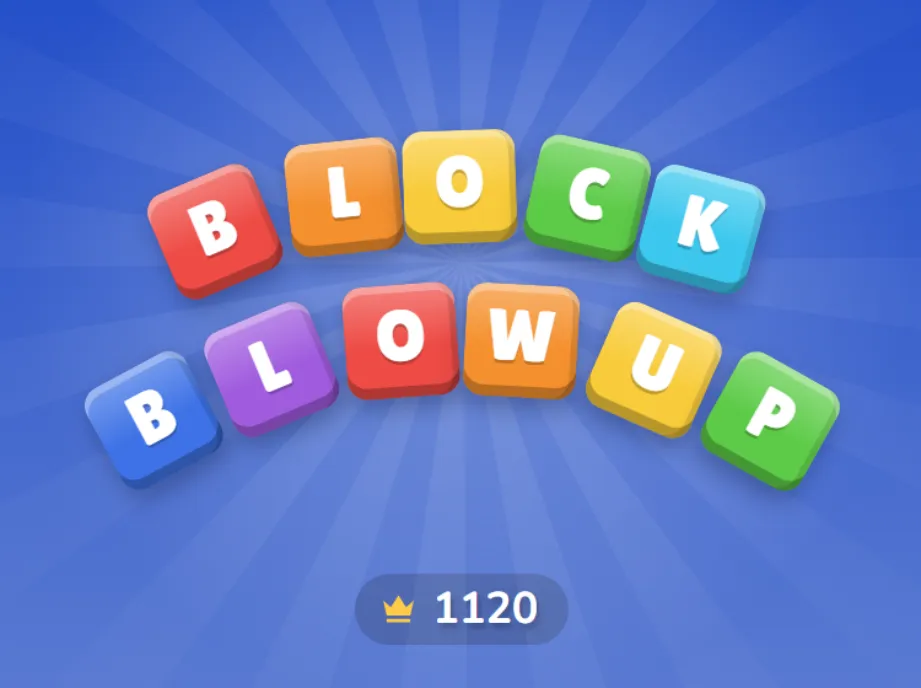 Block Blowup splash screen: the title spelled out in colourful tilted blocks above a high score of 1120