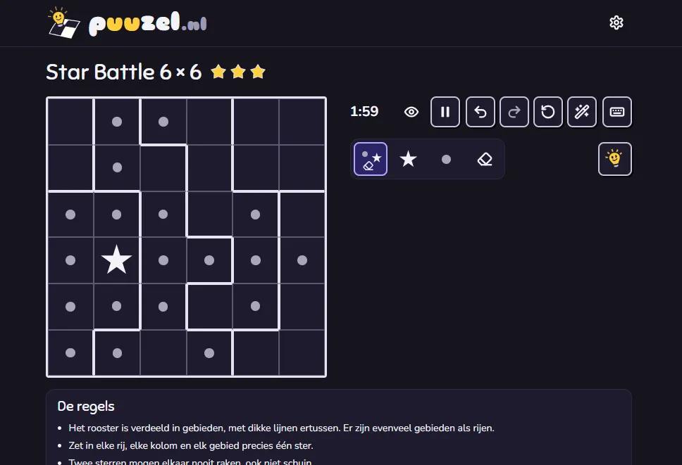A Star Battle 6×6 puzzle on puuzel.nl with a step-by-step hint explaining the solving technique