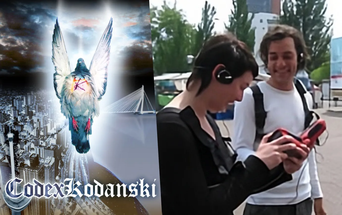 Codex Kodanski poster of a winged pigeon above Rotterdam and the Erasmus Bridge, next to two players in a Rotterdam street, one wearing headphones, holding the handheld computer