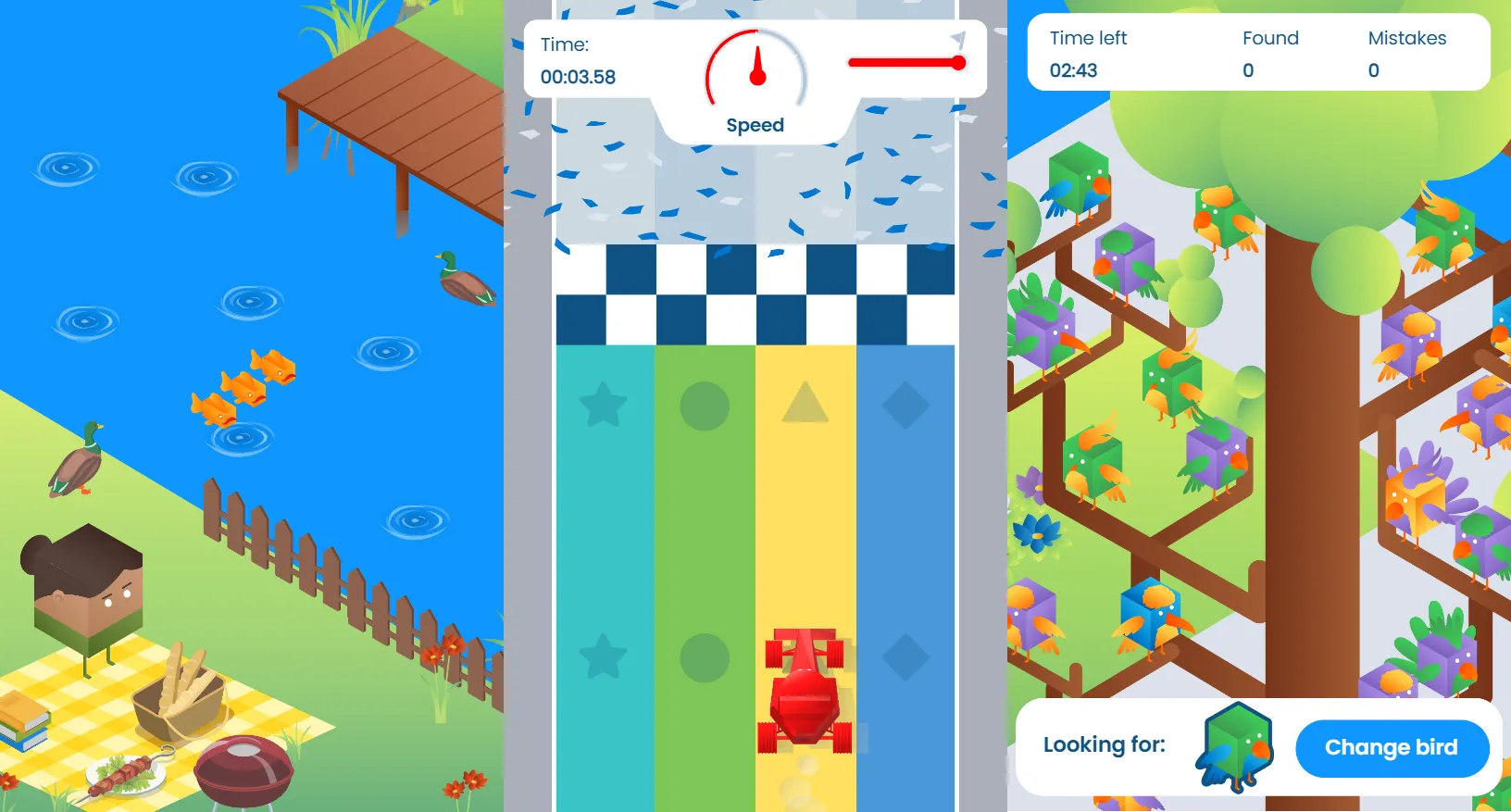 Three Equalture assessment games side by side: an isometric lake scene with fish and ducks, a top-down racing game with coloured shape lanes, and a bird-spotting game in a tree