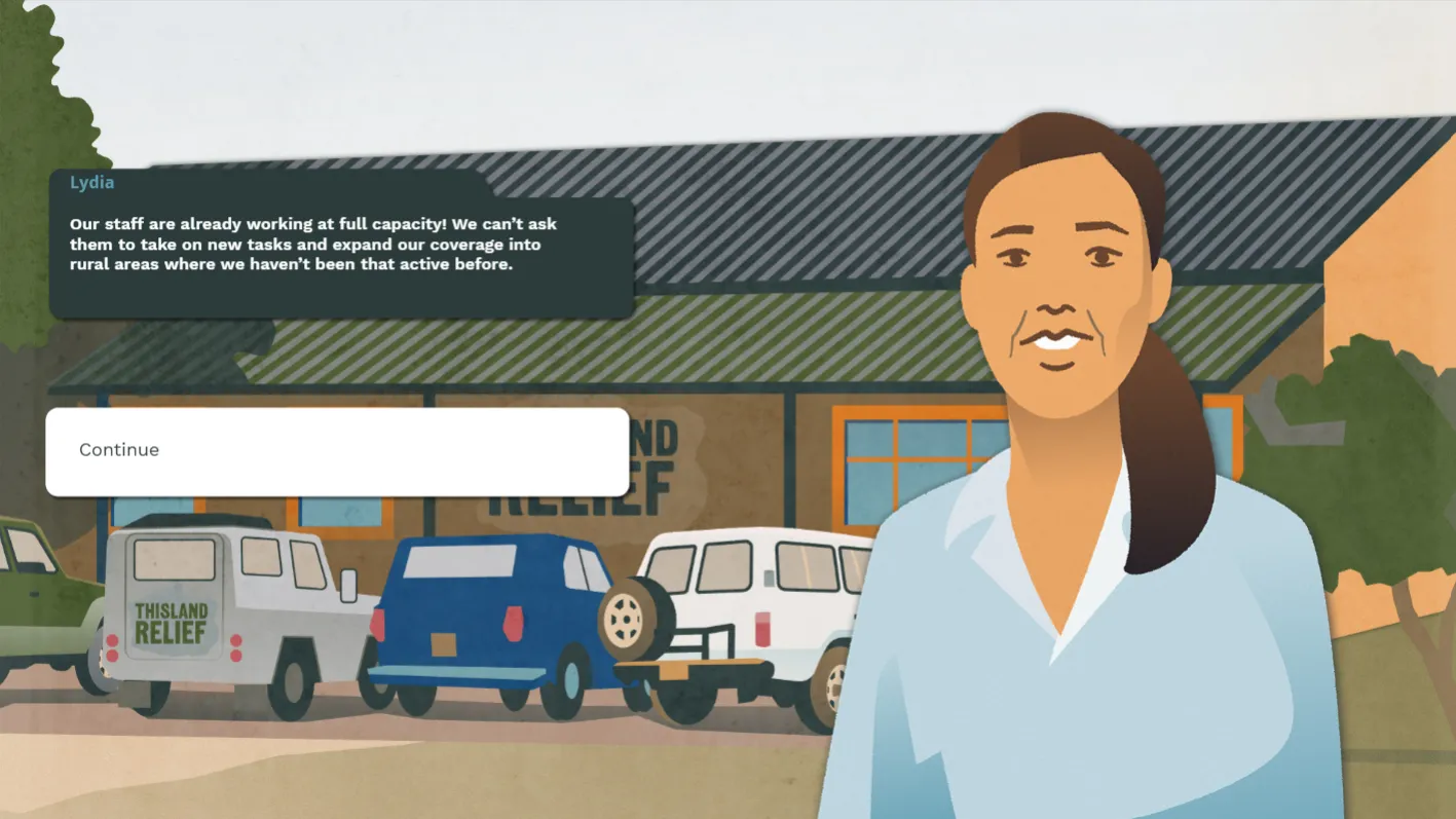Outbreak READY 2!: Lydia of Thisland Relief, standing in front of the relief office and its vehicles, says her staff are already working at full capacity