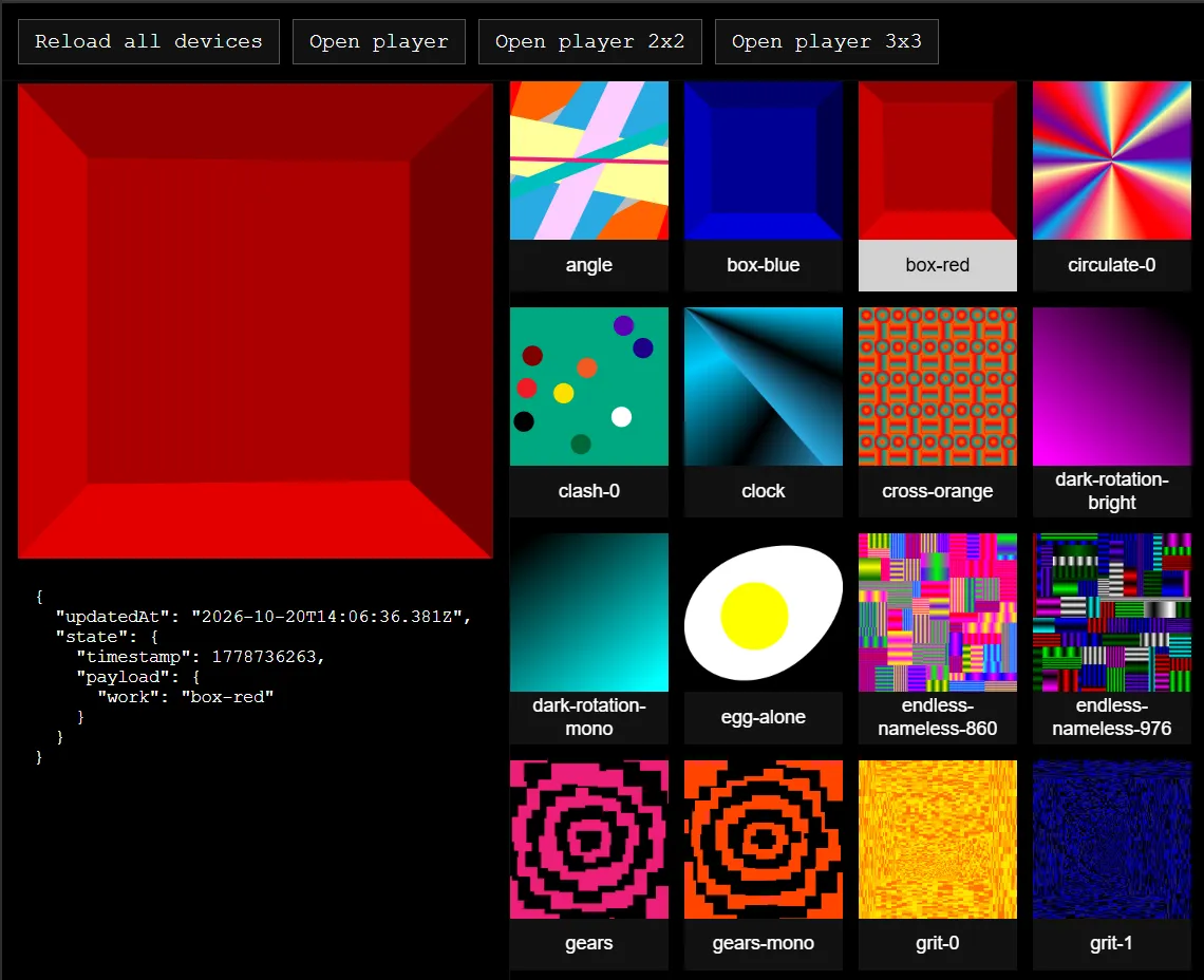 Tool for selecting and previewing Rafaël Rozendaal's works on exhibition devices, showing a grid of works